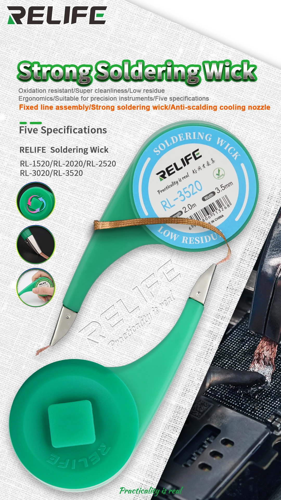 lead free solder paste RELIFE Anti-scalding Nozzle Soldering Wick Wires 1.5-3.5mm Width Desoldering Precision Tin Strip Remover Wire for PCB Tin Wire copper welding rod