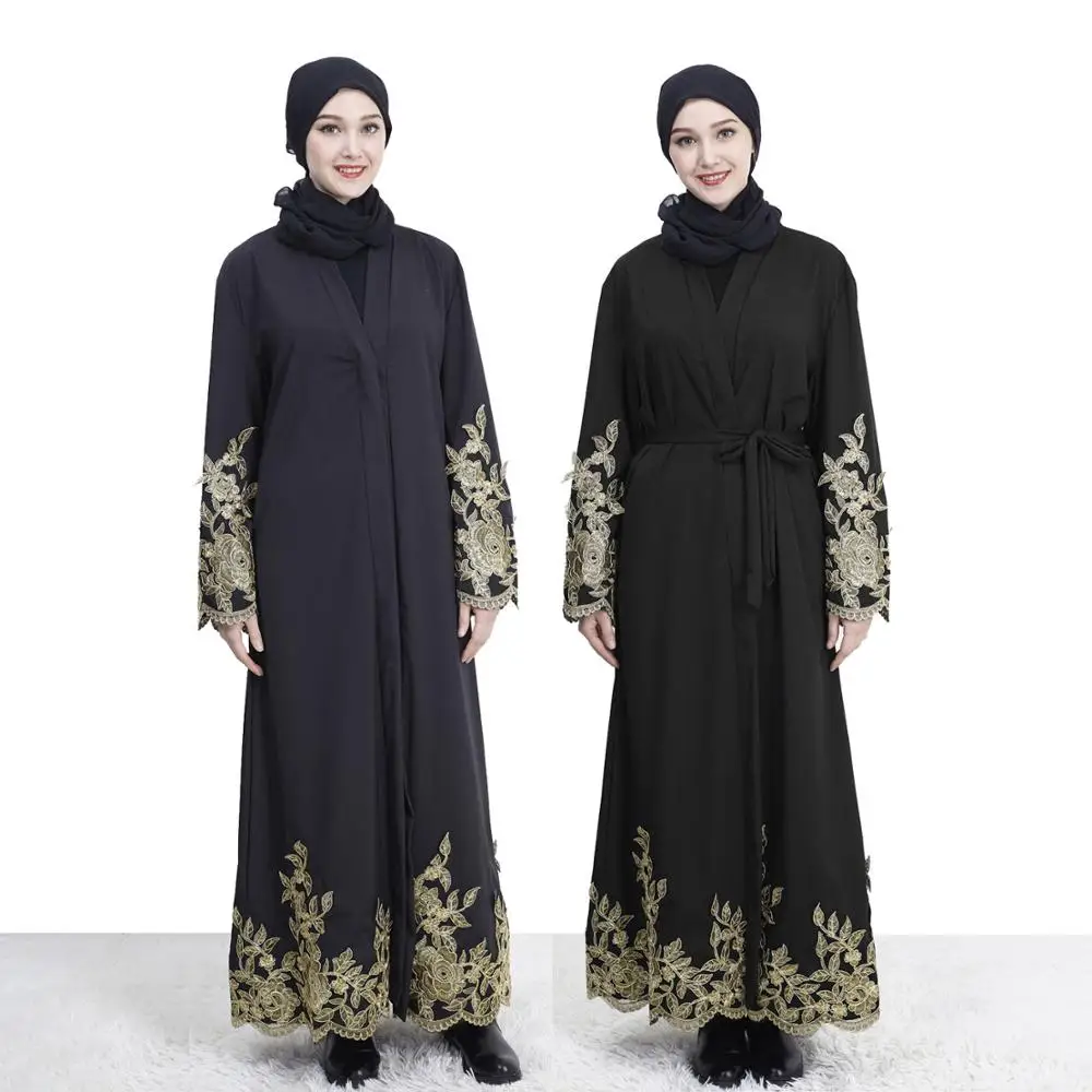 

1pcsNew Muslin high-end gold embroidered lace cardigan abaya dress009