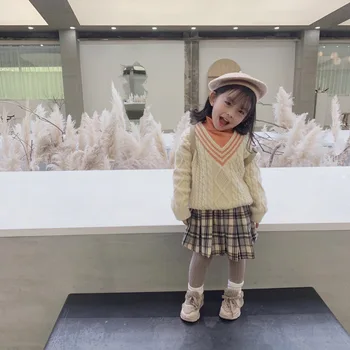 

2019 Winter New Children Clothes Girls Fake Two Pieces V-neck Long Sleeve with Fleece Thickened Sweaters Baby Plush Twist Tops