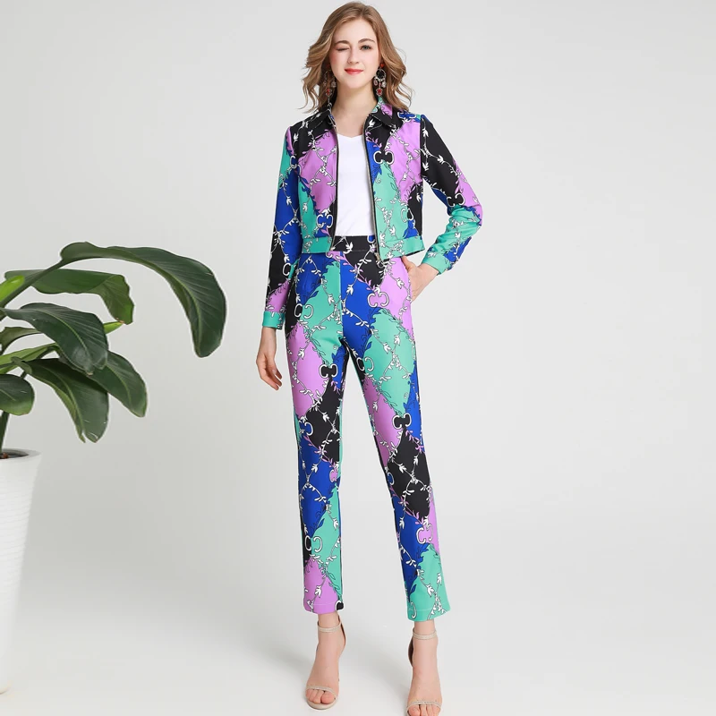 

Xiaomoli Autumn 2019 New Long Sleeve Ancient Printed Jacket Top and Trousers Women's Suit