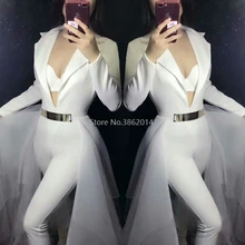 Однотонный комбинезон с длинным рукавом и v-образным вырезом, с сетчатым хвостом, для женщин, для ночного клуба, выпускного вечера, вечерние платья, одежда для сцены, танцевальный костюм