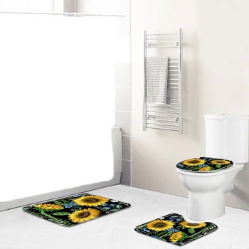 

Sunflower Printed Shower Curtain Floor Mat Four-Piece Bathroom Toilet Mat Set Home Bathroom Decoration