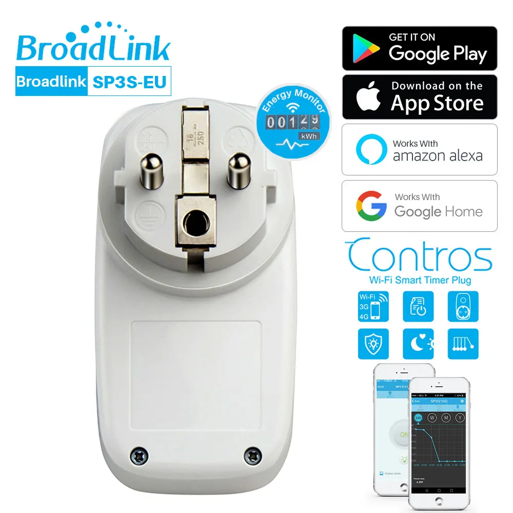 Broadlink SP3S Wifi Smart Plug стандарт ЕС с измеритель мощности синхронизации приложение управление Совместимо с Alexa Echo Google Home