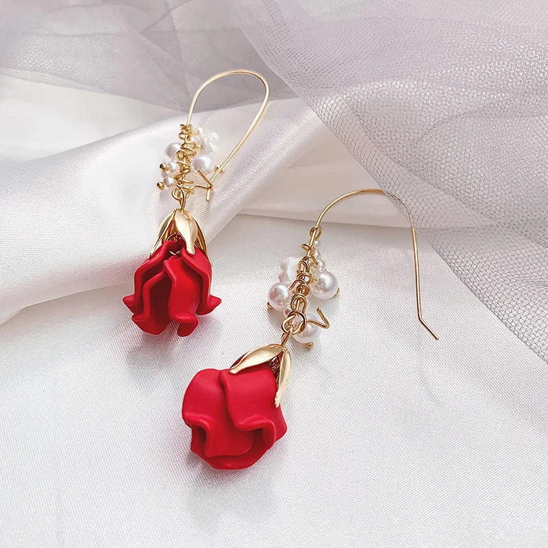 Fashion rose petal earrings female pearl tassel ear pendant long temperament advanced feeling French Internet celebrity | Украшения и