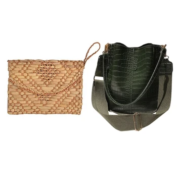 

ASDS-2Pcs Women Handbags: 1Pcs Straw Clutch Purse Wristlet Handbag Envelope Bag & 1Pcs Alligator Bucket Bags Crocodile Pattern H