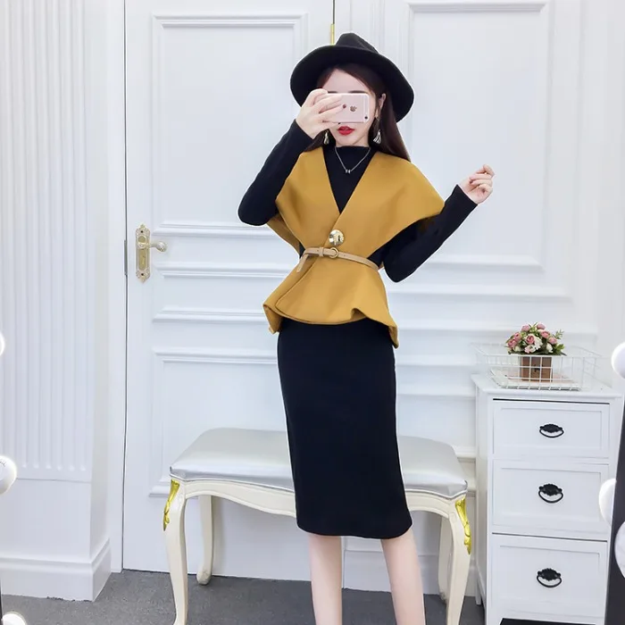 

2019 Autumn And Winter Fashion Korean Waist Hugging Woolen Cloth Cloak Vest Waistcoat + Mid-length Base Dress Two-Piece Set