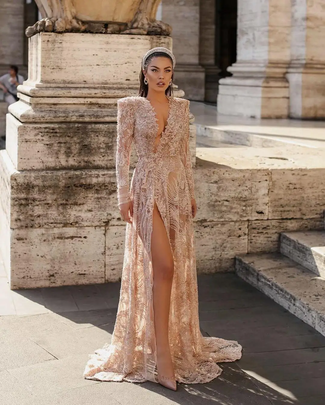 Арабское Aso Ebi вечернее платье цвета шампанского с длинным рукавом и кружевным бисером с Боковым Разрезом, Сексуальные вечерние платья для выпускного вечера
