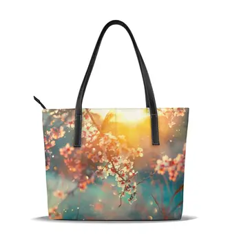 

PU Leather Handbags Blooming Tree And Sun Flare Women Bag Casual Female Bags Trunk Tote Shoulder Bag Ladies