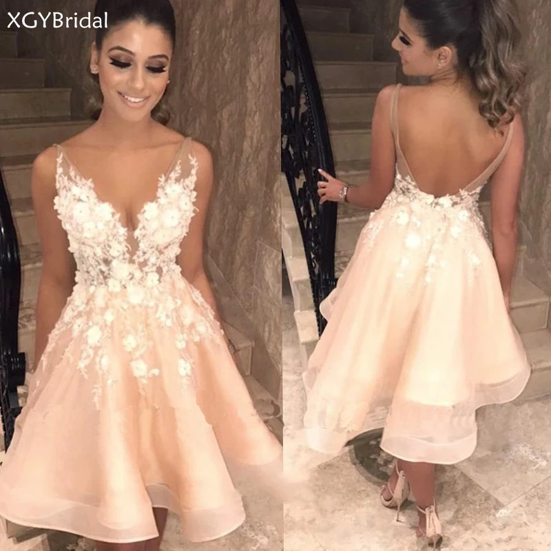 

New Arrival Spaghetti Straps Prom Dresses Backless Lace Flower Vestidos de Graduacion V Neck Organza Cocktail Dress платье