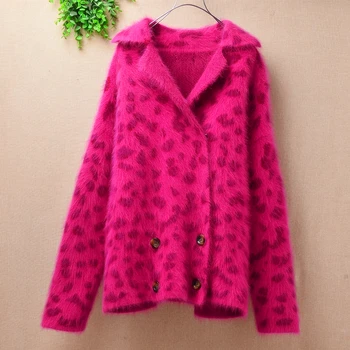 

NewMink Cashmere Coat rose-red Polka dot women Knit Angora rabbit fur Loose sweater femme spring winter jacket Cardigan