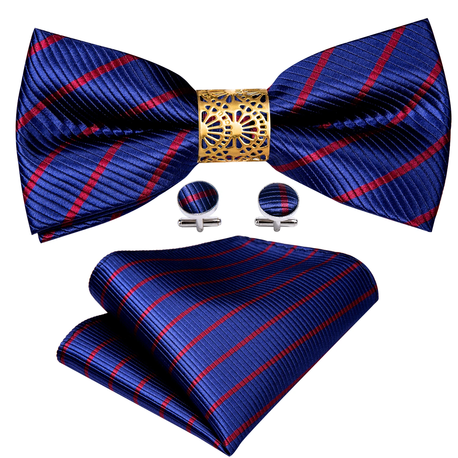 

Fashion Blue Striped Silk Pre-Bow Tie For Men Wedding Accessorie Adjustable Butterfly Handky Removable Gold Ring Set Barry.Wang