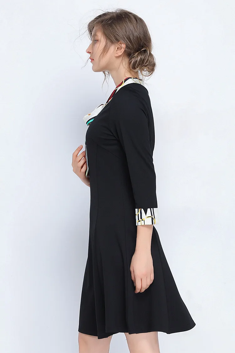 Осенне-весеннее женское платье, плюс размер, 5xl-L, повседневное черное платье с бантом, три четверти, винтажное офисное облегающее вечернее платье, vestidos, халат jurken