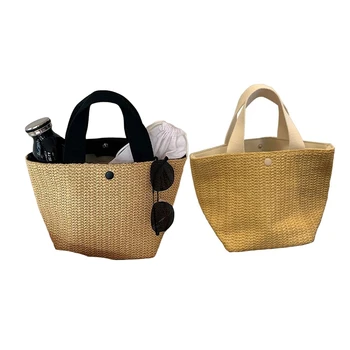 

2 Pcs Straw Bags Women Handmade Woven Basket Bag Tote Summer Bohemian Beach Bags Canvas Lady Handbags, Black & White