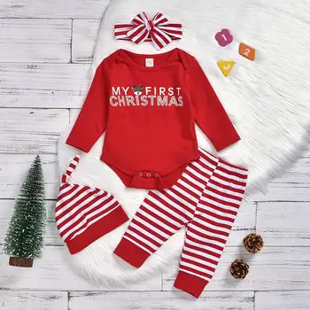 

Baby Boys Girls My First Christmas clothes set cotton long sleeve romper + Striped Pant + Hat +Headband 4PC outfits