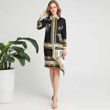 

Xiaomoli Autumn 2019 New Elegant Nail Bead Shirt Top Irregular Half-length Skirt Two-piece Temperament Printing