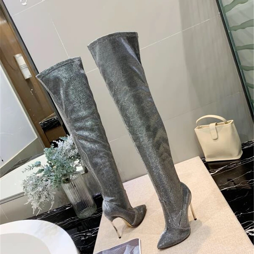 

Chueyz Newest Tall Boots Women Over The Knee Boots Pointed Toe Thin High Heels Boots Solid Color Sequined Cloth High Quality