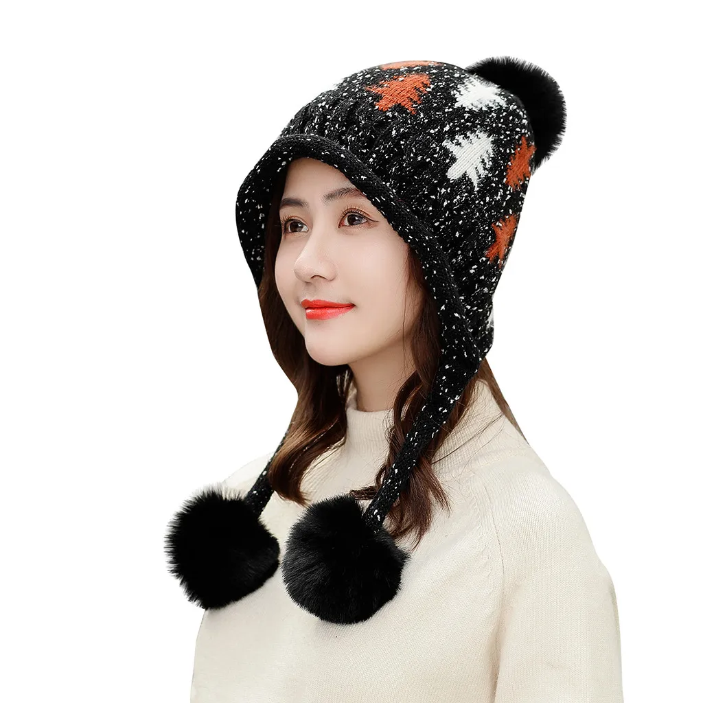 Черный Gorros Mujer invierno женская зимняя теплая Кепка с листьями 3 шара, мешковатая вязанная шапочка, Лыжная зимняя шапка czapka zimowa damski - Цвет: Черный