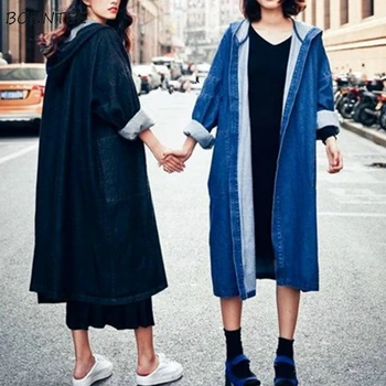 

Trench Women Open Stitch Retro Fashion Loose Denim Hoodies Long Casual Female Outerwear Pocket Classic Couple Ulzaang Chic Coats