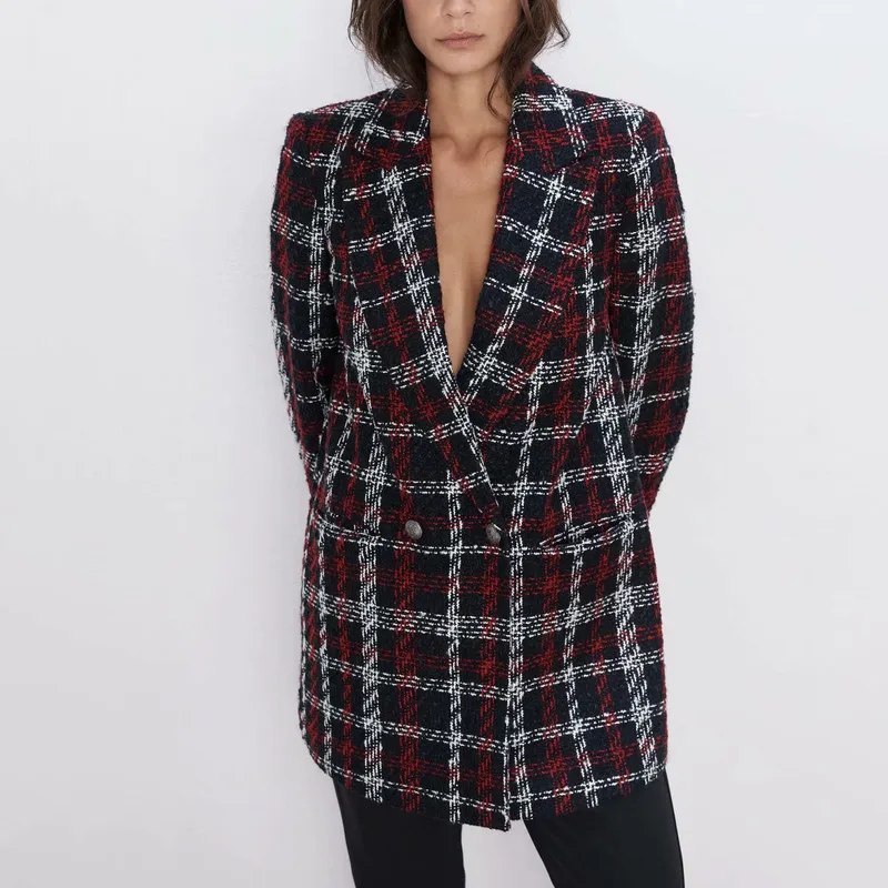 

ZA 2019 autumn New checked double-breasted suit jacket for women BGB9655