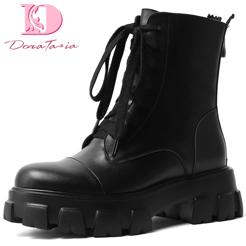 

Doratasia 2019 brand design Genuine leather shoelaces winter Boots Woman Shoes Women leisure motorcycles Boots female