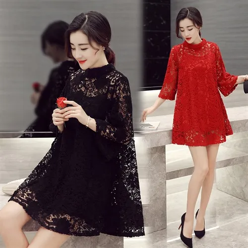 

Dress Lace Women's 2018 New Style Hollow out Loose Fashion Spring Clothing New Style Three-quarter-length Sleeve A- line Base Sk