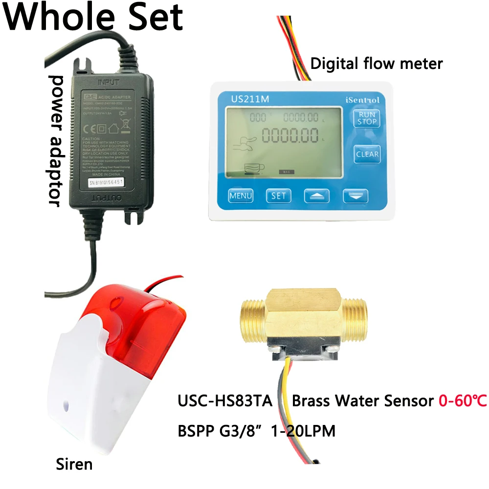 

US211MA Pipe Water Suspend Alarming System & USC-HS83TA Brass BSPP G3/8" Flow Sensor Turbine Flowmeter iSentrol with Siren