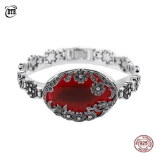 Натуральный красный камень винтажные цветы браслет настоящий 925 пробы Серебряный Овальный Красный Гранат S925 тайский серебряный браслет для женщин ювелирные изделия