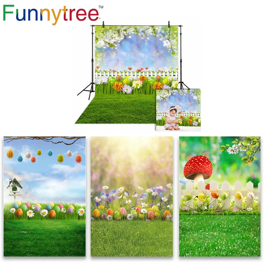 

Funnytree photography easter backdrop spring green lawn guard flower eggs background photo studio photocall photozone for Baby