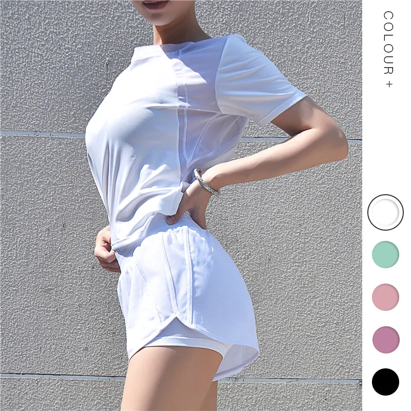 

2019 New Style Summer Gauze Joint Loose Short Sleeve Yoga Suit Breathable Quick-Dry Sports And Fitness Shorts T-shirt Women's