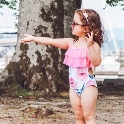 Ecavus – maillot de bain une pièce pour enfants, vêtements de sport, protection solaire, col licou, à volants, sans manches, à la mode, été 