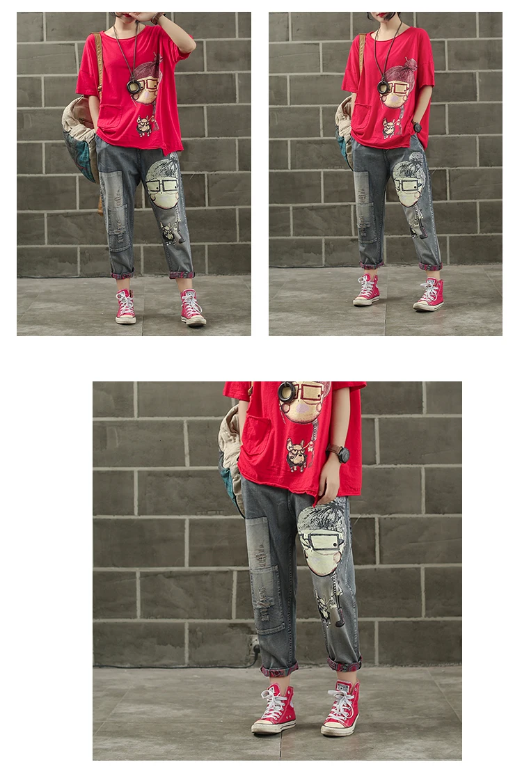 Для женщин Демисезонный модный бренд Винтаж Пёс из мультфильма для маленькой девочки, джинсовая рубашка с принтом в виде джинсовый женский Повседневный потертые штаны-шаровары