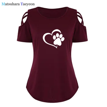 

New Casual Dog Paw Heart-shaped Print Tops Shirt Women Hollow Out sleeve T-shirt Summer Short Sleeve tshirt Cotton Plus Size