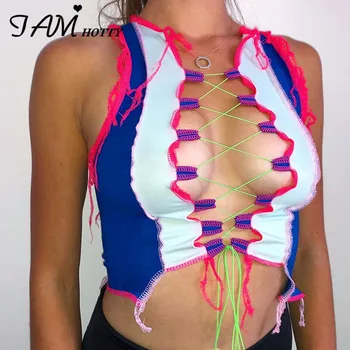 

IAMHOTTY Sexy Hollow Out Camisole Women Ripped Knitting Crop Tops Party Clubwear Colorful Tank Top Bandage Vest Female Clothes