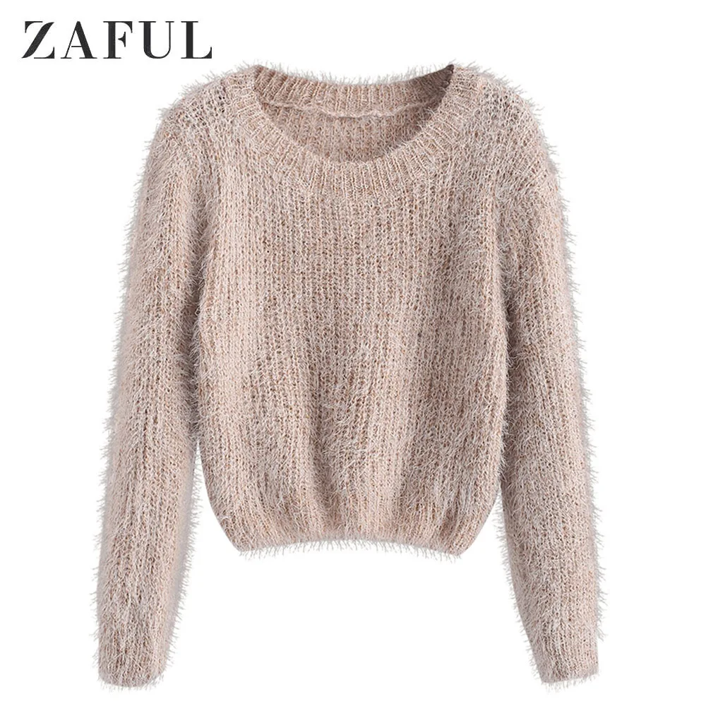 ZAFUL Pullover Fuzzy Heathered Sweater Fluffy Faux Fur Short Round Neck Elastic Daily Women Autumn Winter Pullovers Tops | Женская