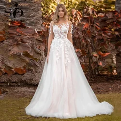 SoDigne Dubai Elegant Wedding Dresses A-Line O-Neck Half Sleeves Appliques Flowers Bridal Dress Boho Wedding Princess Gown