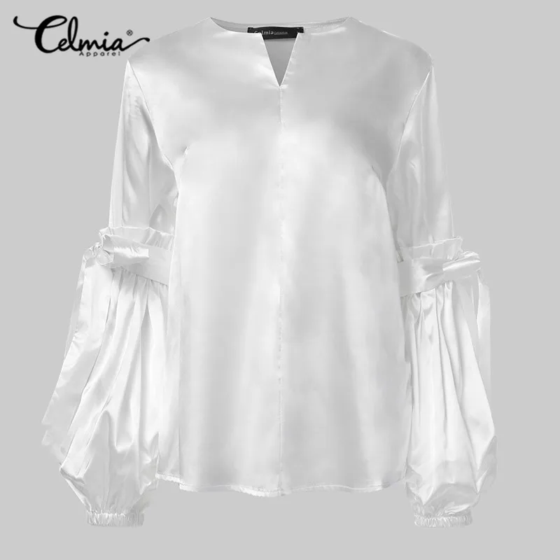  Elegant OL Solid Blouses Women Celmia Summer Lantern Sleeve Bow OL Tops Casual Sexy V-Neck Shirt La