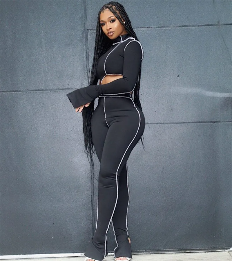 

Striped 2 Piece Set Long Flare Sleeve T-shirt Crop Tops Club Streetwear High Waist Long Flared Pants Bell Bottoms New