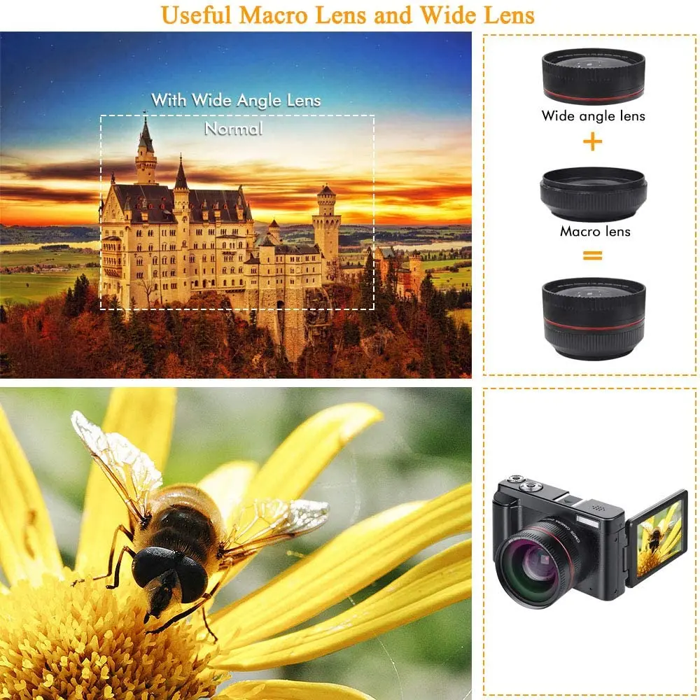 Digital Camera YouTube Vlogging Camera HD 1080P 24MP Video Camcorder 16X Digital Zoom  Wide Angle Lens Pause Function 3.1 Screen