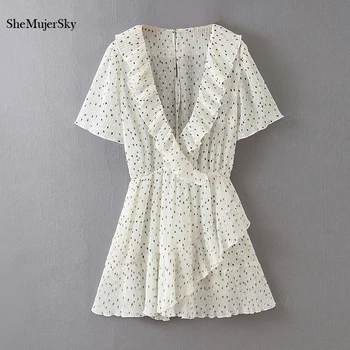 

SheMujerSky Women White Chiffon Dress Sexy Ruffles V-neck Pleated Mini Dress 2020 Summer Dot Print Short Sleeve Party Dresses