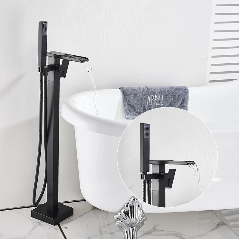 Bathroom Bathtub Faucet Black Brass Tub Faucet Floor Mounted Shower Mixer Tap Waterfall Spout Free Standing Hot and Cold Mixer bathtub faucet water mixer