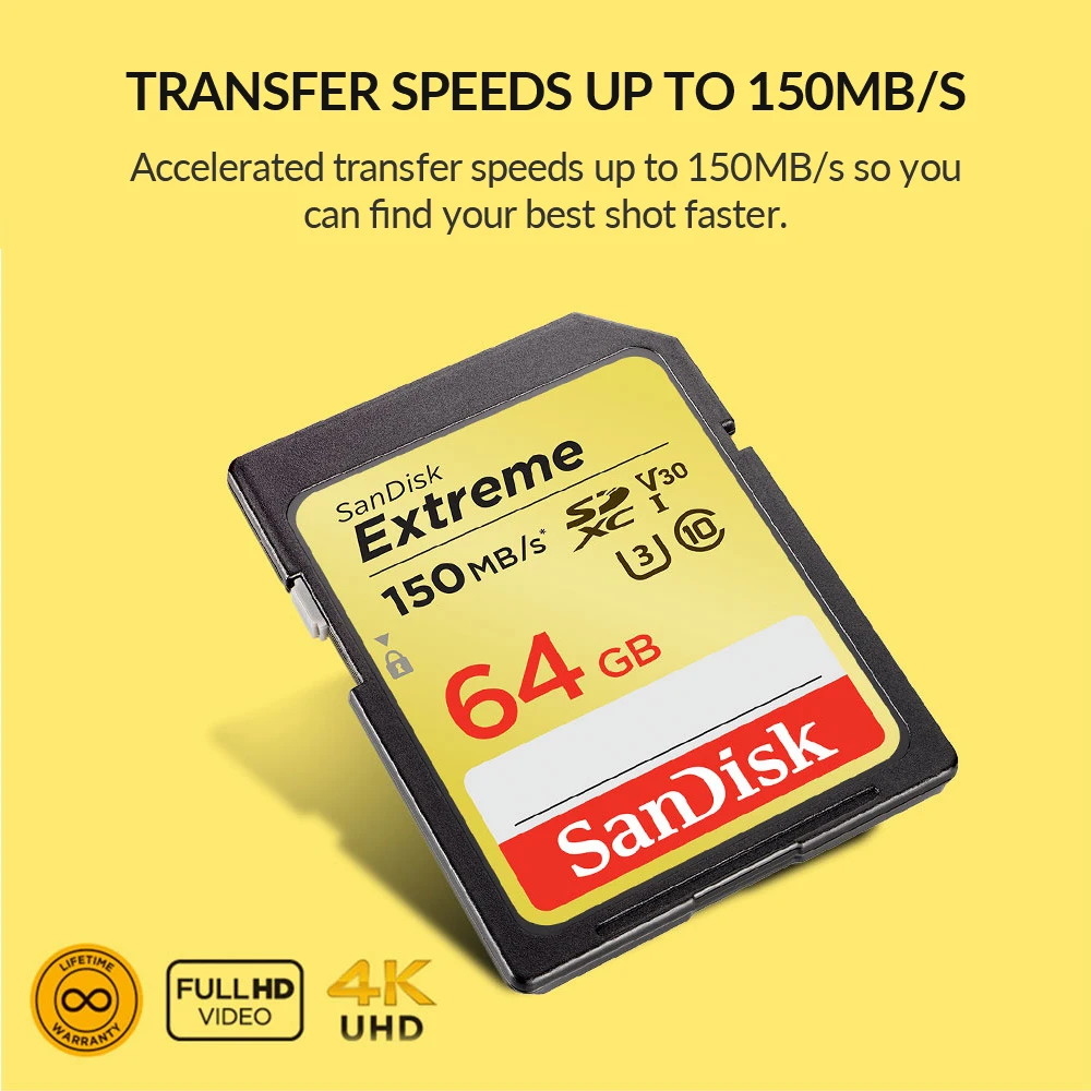 SanDisk ͽƮ SDHC/SDXC SD ī, UHS-I ÷ ī, 4K UHD, 32GB, 64GB, 128GB, C10, U3, V30, 150 MB/s (32GB: 90 MB/s)