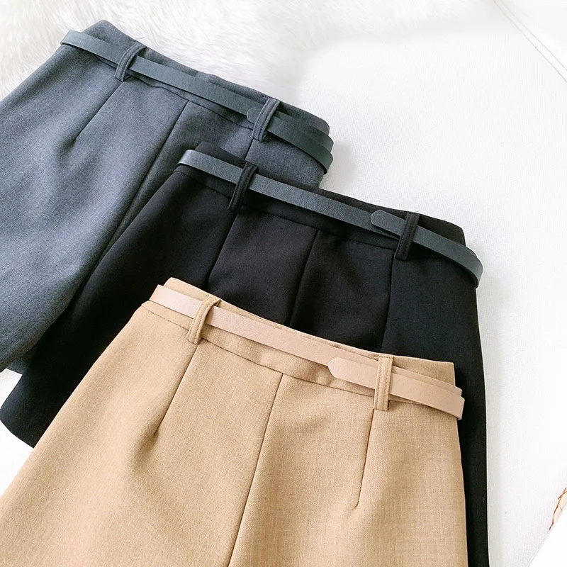 Wasteheart Autumn Black Gray Khaki Polyester Shorts Women High Waist Shorts Camel Short Bottom Zipper Sashes England Style OL