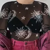 2022 Women Sexy Harajuku Mesh Tops Long Sleeve See Through T Shirt Transparent Sun Moon Star Print T-shirt Femininas Clubwear ► Photo 3/6