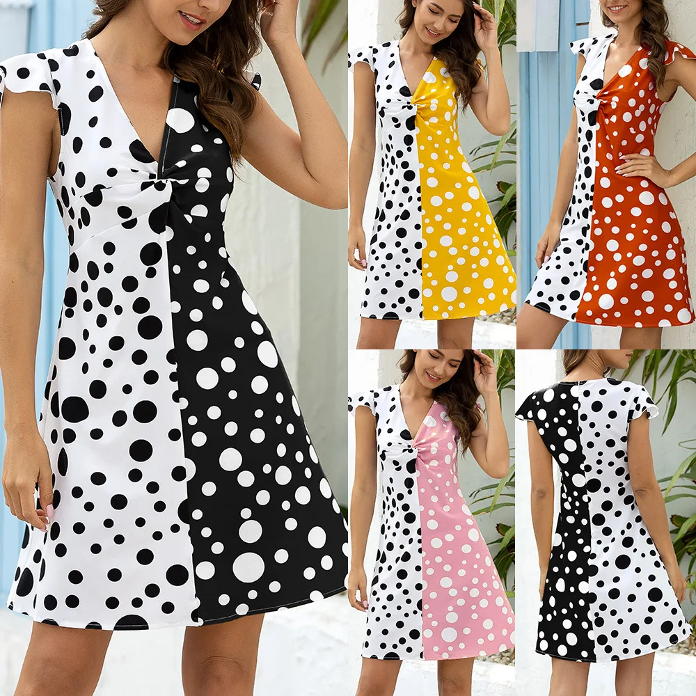 

Women's polka dot two-color stitching contrast color dress Women's spring Loose polyester plus size short-sleeved V-neck dress