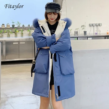 

Fitaylor 2020 Winter Large Real Fox Fur Collar Coat Women 90% White Duck Down Jacket Long Parka Hooded Down Outwear