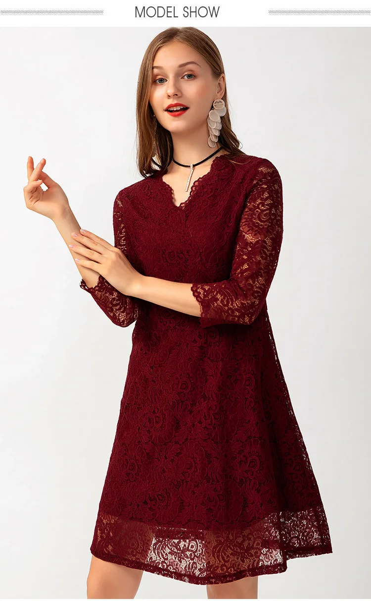 Осеннее бордовое кружевное платье для женщин, плюс размер, 5xl-l, повседневное, v-образный вырез, рукав три четверти, весеннее, винтажное, офисное, вечернее платье vestidos