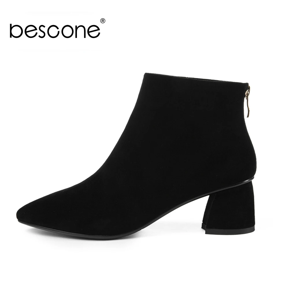 BESCONE/модные женские ботинки; высококачественные слипоны из натуральной кожи с острым носком; однотонные женские ботинки на квадратном каблуке; BO255
