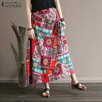 

Bohemian Printed Maxi Skirts ZANZEA Women's Floral Skirt Cotton Lace Up Long Faldas Saia Female High Waist Robe Plus Size 5XL