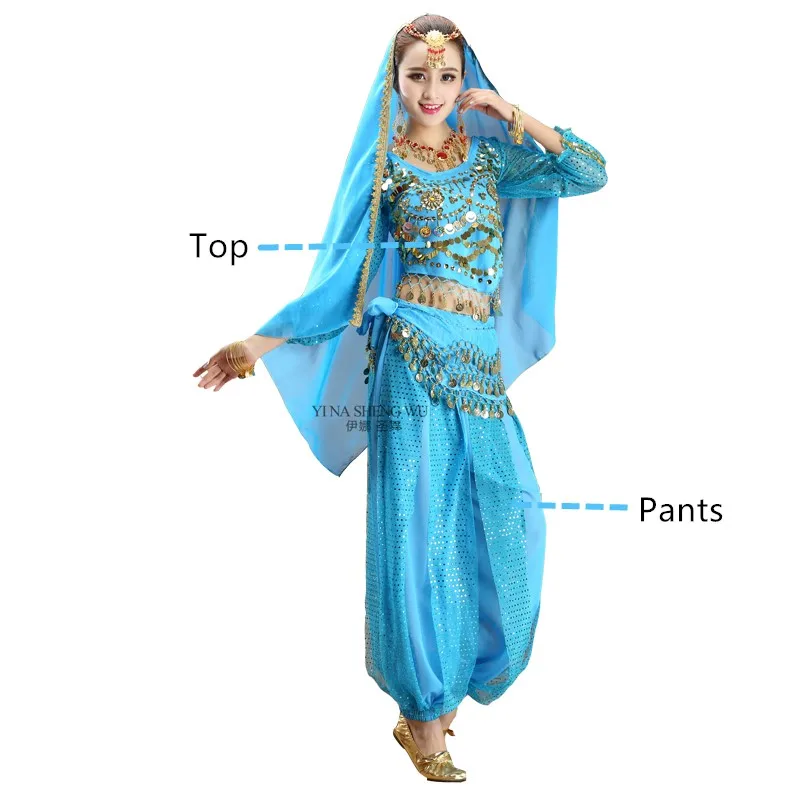 Lake blue 2pcs Women Belly Dance professional Indian Oriental bellydance Bollywood costume set costumes ladies Sari Dancing Performance Stage - Цвет: Lake blue 2pcs
