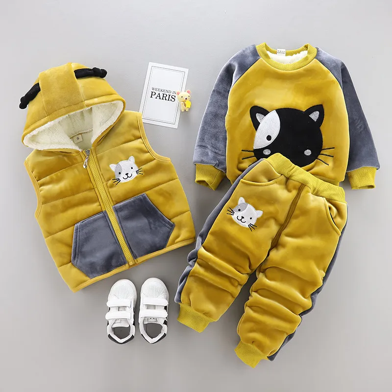Зимний комплект одежды для мальчиков и девочек, Детский Теплый ветрозащитный костюм, детская верхняя одежда, одежда для маленьких мальчиков и девочек, жилет+ пальто+ штаны, комплект из 3 предметов